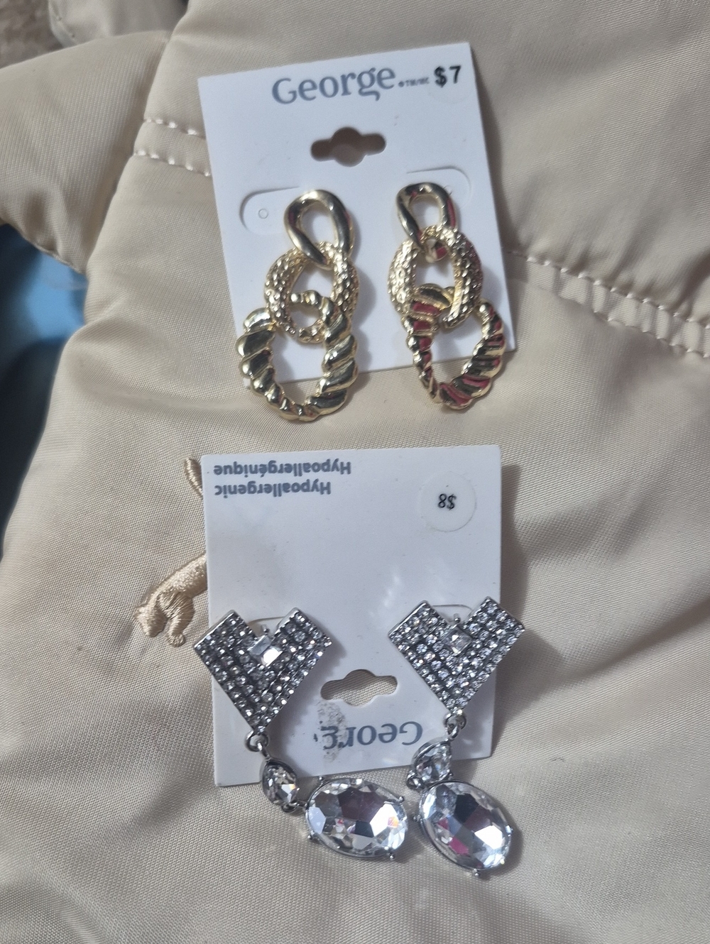 George Gold Link Drop Earrings and Silver Crystal Heart Dangle Earrings